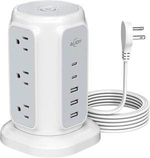Flat Plug Power Strip Tower with 9 Outlets and 5 USB Ports (2 USB C), AiJoy 1200J Surge Protector Tower with 6.5 Feet 1625W/13A Extension Cord with Multiple Outlets for Home Office Dorm