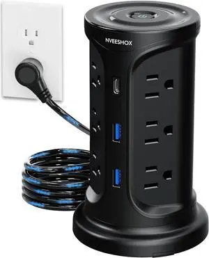 Extension Cord with Multiple Outlets Surge Protector Tower Power Strip with Surge Protection, Screw Wall Mount Outlet with 12 Ac Outlets with 3 USB Ports(1 USB C),6.5 Ft, Overload Protect for Office