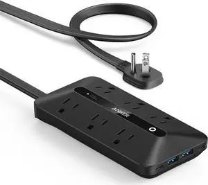 Flat Plug Power Strip Surge Protector Flat Extension Cord with 12 AC Outlets and 6 USB(2 USB-C) Ports Wall Mount Multiple Outlet 5FT Extension Cord for Home Office Dorm Room Essentials