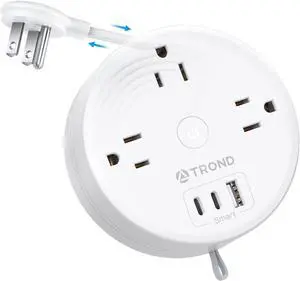 TROND Travel Power Strip - Retractable Extension Cord 5ft Ultra Thin Flat Plug, Retractable Power Strip with 3 AC Outlets 3 USB Ports (2 USB C), Cruise Ship Essentials, for Home Hotel Dorm Room, White