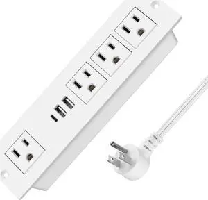 VILONG Recessed Power Strip with PD 20W USB-C, Flush Mounted Drawer Outlet, 4 Outlets & 3 USB Ports, Conference Desktop Built in Power Strip, 6.5FT Extension Cord(White)