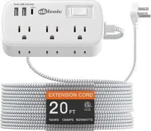 Long Extension Cord 20 ft - Flat Plug Small Power Strip Surge Protetor with 6 Outlets 3 USB (5V/3.4A 17W) Charging Ports, Multi Plug Wall Outlet Splitter for Home Office Dorm Roomc, White