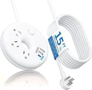 i-Donut Extension Cord 15FT, NTONPOWER Long Extension Cord with 3 USB Ports(1 USB C), 3 Outlets, Flat Plug Extension Cord with Switch, Travel Power Strip for Home, Office, Dresser, Dorm Room, White