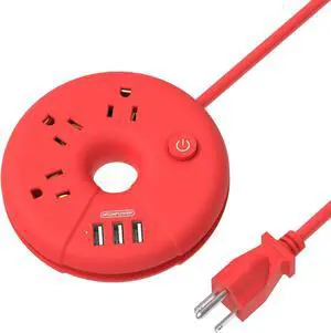 Travel Power Strip with USB Ports, NTONPOWER 5 FT Travel Extension Cord with 3 Outlets 3 USB, Portable Compact Size Charging Station for Cruise Ship, Business Trip, Hotels, Home, Office, Desktop, Red