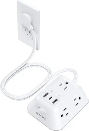 TROND Flat Plug Power Strip Surge Protector, 5FT Ultra Thin Extension Cord, 5 AC Outlets and 3 USB Ports, Wall Mountable, Compact Design for Home Office and Dorm Room Essentials