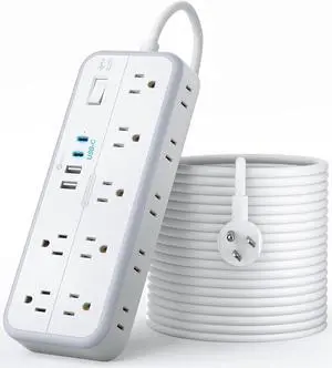 25 FT Long Extension Cord with Multiple Outlets, NTONPOWER 14 Outlets and 4 USB Ports (2 USB C), 1875W 15A, 14 Gauge 3 Prong, 2700J Surge Protector Power Strip, Mountable for Home Office, White