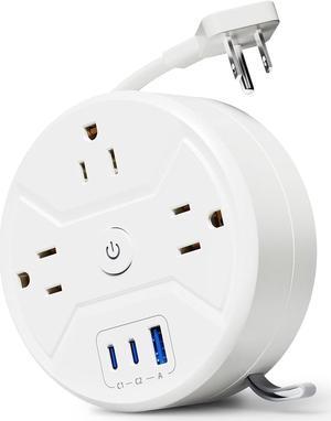 PD 20W C Travel Power Strip, SUPERDANNY 5ft Retractable Extension Cord Fast Charging Station, Portable 3-AC & 3-USB Flat Plug Extension Cord for Home Office, Business Travel, Trip, Cruise, White