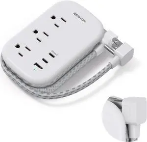 USB C Travel Power Strip, BESHON Ultra Flat Extension Cord, Flat Plug Power Strip, 3 Outlets with 3 USB Ports(2 USB C), 3.2ft Wrapped Around Extension Cord for Cruise Ship, Travel Essentials, Grey