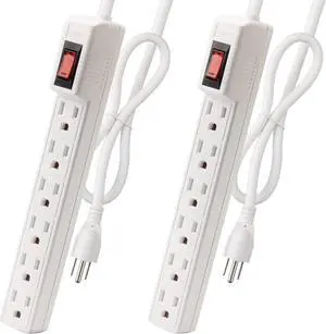 Power Strip Surge Protector 2-Pack - 6 Outlets & 2 Ft Extension Cord, 1875W/15A 90 Joules, Overload & Surge Protection, Wall Mount for Home Office, ETL Listed White
