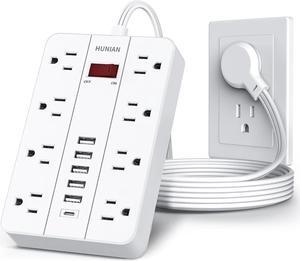 Power Strip with USB, Flat Plug Extension Cord Surge Protector 5 Ft, HUNIAN Power Strip with 8 Widely Spaced Outlets 6 USB Charger (1 USB C Port), Desk Charging Station for Home Office, White