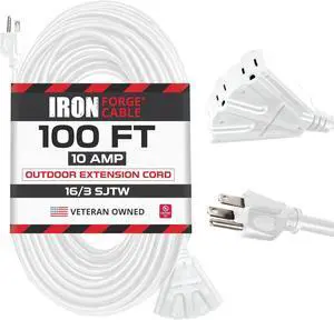 Iron Forge Cable 100 Ft Long Extension Cord 3 Outlets 3 Prong,16/3 Weatherproof White Extension Cord with Multiple Outlets 100 Foot for Indoor & Outdoor, Holiday Lights Decoration - 10 Amp SJTW