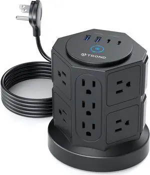 TROND Tower Surge Protector Power Strip with USB, 14 Widely Spaced Outlets, 2 USB-C and 2 USB-A, 2100J Surge Protection, 6 Feet Extension Cord with Multiple Outlets Home, Office, Dorm Essentials Black