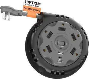 Retractable Power Strip Extension Cord Reel with USB C PD 20W, Flat Plug Travel Power Strip Surge Protection with 5 AC 3 USB Ports, 10FT Travel Extension Cord Portable Outlet, Black Grey
