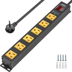 CRST 6 Outlet Surge Protector Power Strip 2100J with Switch, 15A/1875W Metal Heavy Duty Power Strip, Wide Spaced Wall Mount Power Bar for Garage Worshop Home School, 6 FT Cord Black+Yellow