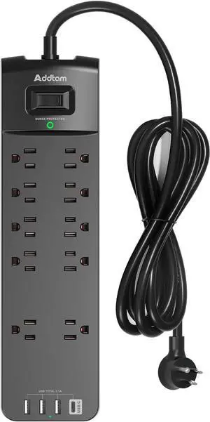 Power Strip - Surge Protector with 10 Outlets and 4 USB Ports 6 Feet Extension Cord with Flat Plug 2700 Joules ETL Listed Black