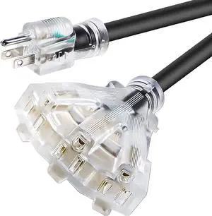 10 FT 12/3 Extension Cord Heavy Duty Black 3-Outlet Indoor/Outdoor SJTW Lighted 12-Gauge Grounded Power Cable,12AWG 15 Amp, 1875 WattsUL ListedSafety