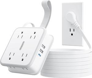 Flat Extension Cord 10 FT, Power Strip with 8 Widely Outlets 3 USB Ports(1 USBC), Flat Plug Extension Cord with Multiple Outlets, Wall Mounted Outlet Extender Long Cord for Indoor, Home, Office, White