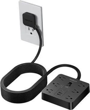 Black Surge Protector Power Strip 10 ft Cord, TESSAN Flat Plug Extension Cord with 6 Outlets 3 USB Ports (1 USB C), 1700J Protection, Heavy Duty Power Strip for Indoor Home Office School Dorm Room