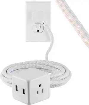 Cordinate Cube Extension Cord, 10Ft, 3-Outlet Flat Plug Extension Cord, Cube Extension Cord with Multiple Outlets, 3 Prong Cube Extension Cord, 2 USB Ports Braided Extension Cord, Gray/White, 55356