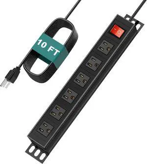 QBA 6 Outlet Metal Power Strip, Heavy Duty Wall Mount Power Strip, Wide Spaced Power Strip for Office School Workshop, 10FT Power Cord, 15A 125V 1875W, Black