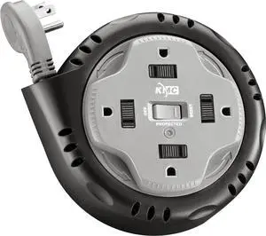 KMC 4-Outlet Surge Twist Cord Reel, Retractable Power Strip Surge Protector, 735J Surge Protection, 5ft Long Retractable Extension Cord, 3-Prong Low-Profile Flat Plug, UL/ETL Certified, Gray
