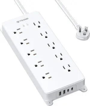 TROND Surge Protector Power Strip, 4000J, ETL Listed, 10 Widely Spaced Outlets, 2 USB C and 2 USB A Ports, Flat Plug 5ft Extension Cord, Wall Mountable, Under Desk Power Strip for Home Office, White