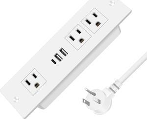 Recessed Power Strip, Furniture Drawer Outlet with 20W PD USB-C & 18W QC3.0 USB-A, Plug in 3 Outlets & USB Ports, Flush Mount 3FT Flat Extension Cord Conference Desk Outlets White