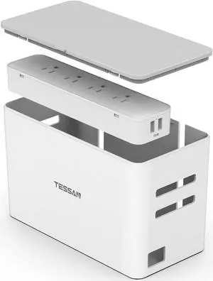 Power Strip with Cable Management Box, TESSAN 5 ft Flat Plug Extension Cord, 4 Outlets 2 USB Ports with Overload Switch, Mountable White Power Cord Organizer Charging Station for Dorm, Office, Home