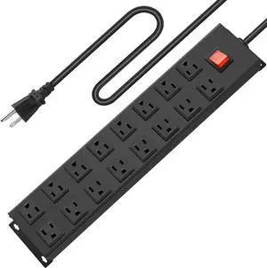 HHSOET Metal 16 Outlet Mountable Power Strip, 1200 Joules Long Wide Spaced Extension Cord Socket, Heavy Duty Wall Mount Surge Protector with 10 FT Power Cord.(Black)