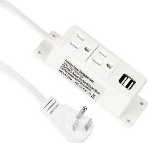 Power Strip with USB, BTU Wall Mount Power Outlet with 2 AC Outlets, 2 USB Ports, 6.56ft Extension Cord, Mountable Under Desk, Workbench, Nightstand, Dresser, Table, White