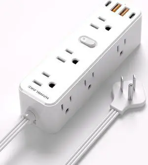 Power Strip Surge Protector, Extension Cord with Multiple outlets, 4 USB Ports, 3 Sides 9 Widely Spaced Outlet Extender with 6 Ft Flat Extension Cord, Wall Mount, 2100J PD20W for Indoor, Travel