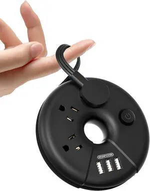 NTONPOWER Travel Power Strip With 3 USB Ports, Cruise Approved Flat Plug, 3Feet Extension Cord, On/Off Switch, Black i-Donut for Home, Hotel, Travel Cruise Ship Essentials