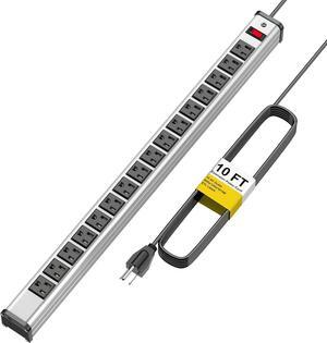 Long Surge Protector Power Strip,16 Outlet Heavy Duty Power Strip Metal Power Bar,10 FT Long Extension Cord with Circuit Breaker for Garage,Workshop,Industrial(125V/1875W, ETL Listed)