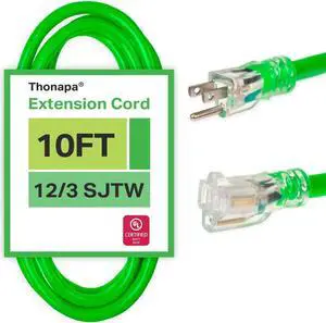 12 Gauge Extension Cord 10 ft for Outdoor - 12/3 Heavy Duty Extension Cord 10 Foot 3 Prong Grounded Plug 15 Amp, Neon Green High Visibility Electric Cable Great for Major Appliances