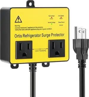 Refrigerator Surge Protector, Ortis Double Outlet Voltage Protector for Home Appliances with Time Delay, Protects Against Brownout, Spike, Instant Surge All Voltage Abnormalities, Yellow