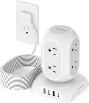 TESSAN Surge Protector Power Strip Tower, Flat Plug Extension Cord 10 Ft with 8 AC Multiple Outlets 4 USB Ports (1 USB C), 1050J Protection Desk Charging Station for Home, Office Supplies, Dorm Room