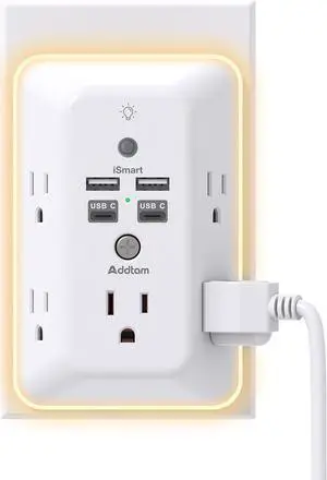 Surge Protector Outlet Extender with Night Light 5-Outlet Splitter and 4 USB Ports(2 USB C) USB Wall Charger Power Strip Multi Plug Outlet for Home Office School ETL Listed