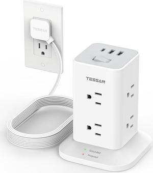 Surge Protector Power Strip Tower 10 FT, TESSAN Flat Plug Extension Cord with 8 AC Outlets 3 USB Ports (1 USB C), 1700J Protection Desk Charging Station for Home, Office Supplies, Dorm Room Essentials