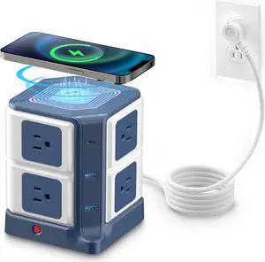 PD 20W USB C Power Strip with Wireless Charger 8-Outlet Surge Protector and 30W 3-Port USB Charging Dock Station 4000 Joules ETL Listed Dorm Room Accessories (8AC+3USB+Wireless Charger-Blue)