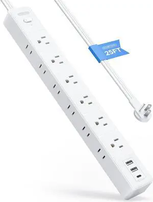 25 FT Long Surge Protector Power Strip, 14/3 Flat Extension Cord with 12 AC Outlets with 3 USB Ports, 1875W 15A 14 Gauge 3 Prong, 1080J, On-Off Switch, Mountable for Home Office Garage Workshop