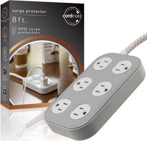 Cordinate Adapt 6 Widely Spaced Multiple Outlets Surge Protector Power Strip 8 ft Braided Extension Cord Flat Plug Electrical Extender for School Dorm Room Home Office 500 Joules, Gray, 80654