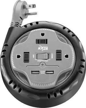 KMC 3-Outlet Surge Twist Cord Reel, 2 USB Ports, Retractable Power Strip Surge Protector, 735J Surge Protection, 5ft Retractable Extension Cord, 3-Prong Low-Profile Flat Plug, UL/ETL Certified, Gray
