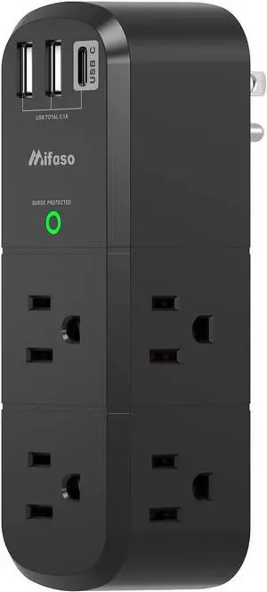 USB Outlet Extender Surge Protector - with Rotating Plug, 1800 Joules, 6 AC Multi Outlet and 3 USB Ports (1 USB C), 3-Sided Swivel Power Strip with Spaced Splitter for Home, Office, Travel