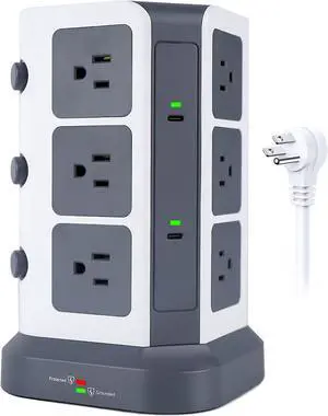 KOOSLA Power Strip Tower with 2 USB C, 1500J Surge Protector with 12 Outlets& 5 USB(1875W/15A), 6.5ft Extension Cord with Multiple Outlets,Home Office Desk Supplies, Dorm Room Essentials, Gray