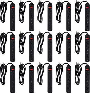15 Pack 6 Outlet Power Strip Surge Protector Flat Plug Surge Protector Power Strip Wall Mount Overload Surge Protection for Home Office (Black,4 ft)