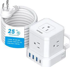 Extension Cord 25 FT, TOPREK Extension Cord with 5 AC Outlets 4 USB, Power Strip with USB, USB C (15.5W/3.0A) Power Strip with Surge Protector, Flat Plug Extension Cord for Apartment, Home Studio, RV