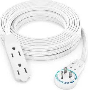 Maximm Cable 20 Ft 360° Rotating Flat Plug Extension Cord/Wire, 16 AWG Multi 3 Outlet Extension Wire, 3 Prong Grounded Wire - White - UL Certified