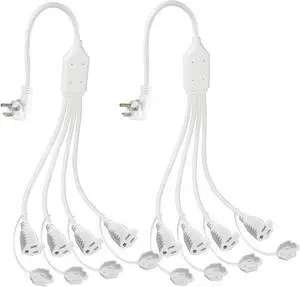 KUNCAN 4 Way Power Splitter - 45 Degrees Lower Right Corner Downward Angled US Flat Plug 1 to 4 Extended Outlets Male to Female SVT 16AWG Extension Cable Strip for Home, Office, School (White 2-Pack)