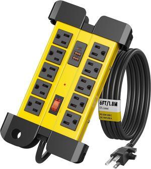 Kungfuking Heavy Duty Power Strip Surge Protector 15A/1875W, PD 20W USB, 13 in 1 Industrial, Garage Shop Metal Power Strip 6FT Wrapped Around Extension Cord, Wall Mount, Circuit Breaker, ETL Listed