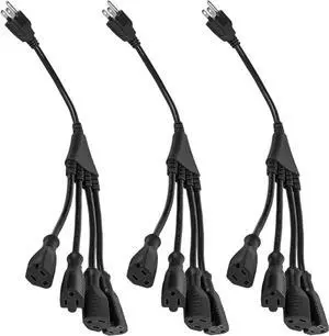 4 Way Power Splitter - Pack of 5: 1 to 4 Plug Power Strip, 1.5' Cord, 3 Prong Outlet, Black, SJT 16 AWG, UL Listed